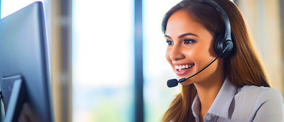 Happy woman wearing headphones and microphone headset sitting in front of computer, help desk operator at workplace