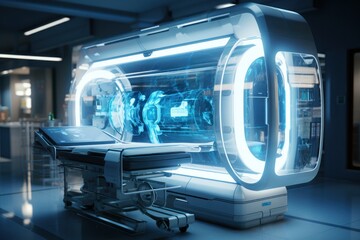 Obraz premium rendering x-ray machine in modern medical office. 3d illustration. Technologies of the future. Healthcare, laboratory research and diagnostics concept