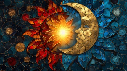 Stained glass window background with colorful Moon and sun abstract.	 - obrazy, fototapety, plakaty