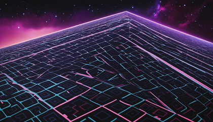 Synthwave wireframe net illustration. Abstract digital background. 80s, 90s Retro futurism, Retro wave cyber grid. Deep space surfaces. Neon lights glowing. Starry background. Vintage Striped style