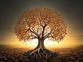 A dreamlike tree, handprints entwined, symbolizing unity might in surreal harmony