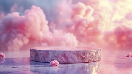 Stone podium tabletop floor in outdoor on sky pink gold pastel soft cloud blurred background Beauty cosmetic product 