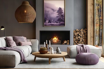 Cozy Modern Living Room with Elegant Decor, Warm Fireplace, and Beautiful Landscape Artwork Illuminated by Natural Light