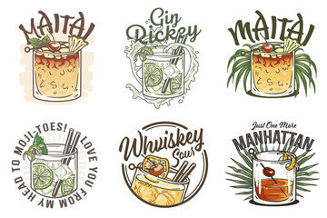 Mai Tai cocktail and Manhattan cocktail vector set with slice of pineapple and cherry for cocktail bar or summer party. Whiskey sour, Mojito or Gin rickey alcohol cocktail for drink party. Tee print