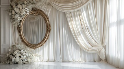 Wedding backdrop For Photography featuring luxurious white drapery with a curved mirror