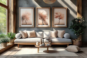 Modern Elegant Living Room Interior with Nature-Inspired Art, Cozy Sofa, Wooden Accents, and Sunlight Streaming through Large Windows