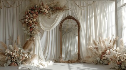Wedding backdrop For Photography featuring luxurious white drapery with a curved mirror 