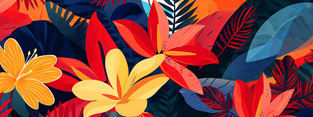 Tropical exotic illustration with flowers. Nature banner background - obrazy, fototapety, plakaty