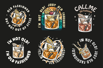 Naklejka premium Old fashioned cocktail vector set with ice, cherry and splash for design of bar menu. American alcohol cocktail collection with whisky and bourbon for drink party. Tee print