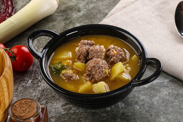 Soup with beef meatball and vegetables