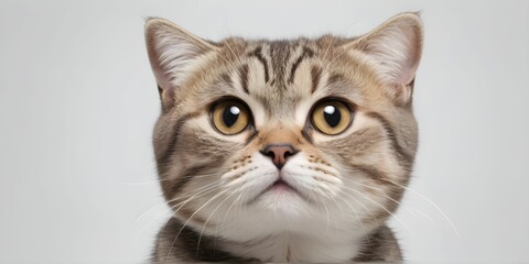 Obraz premium A close-up view shows a young cat looking up, standing out against a white background