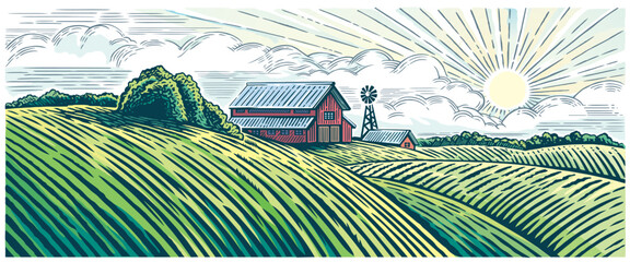 Rural landscape with a farm in engraving style and painted in color. Hand drawn Illustration and converted to vector fomat.