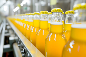 Factory for the production of beer. Brewery conveyor with glass beer drink alcohol bottles, modern production line. Blurred background. Modern production for bottling drinks. Selective focus.