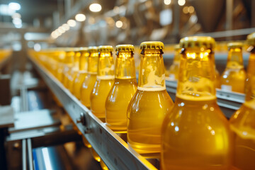 Factory for the production of beer. Brewery conveyor with glass beer drink alcohol bottles, modern production line. Blurred background. Modern production for bottling drinks. Selective focus. - obrazy, fototapety, plakaty
