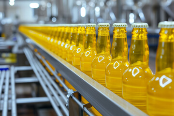 Factory for the production of beer. Brewery conveyor with glass beer drink alcohol bottles, modern production line. Blurred background. Modern production for bottling drinks. Selective focus.