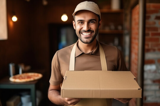 Happy pizza delivery man in brown shirt with cardboard box and baseball cap.