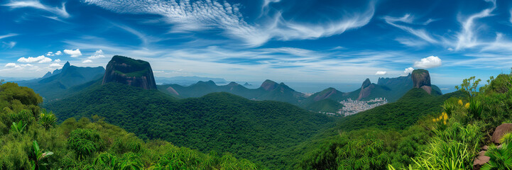 View on mountains from Corcovado, Rio de Janeiro, Brazi. Travelling concept - obrazy, fototapety, plakaty