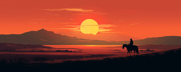Horse rider in a beautiful arid landscape at sunset, panoramic view, illustration generated by AI
