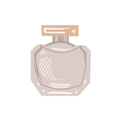 Hand-drawn perfume bottle, beauty cosmetic element, self care. Illustration for beauty salon, cosmetic store, makeup design. Colored flat style.