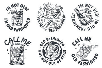 Monochrome Old fashioned cocktail vector set with ice, cherry and splash for design of bar menu. American alcohol cocktail collection with whisky and bourbon for drink party. Tee print