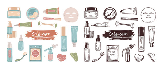 A set of hand-drawn sketches of cosmetics, beauty, self-care elements.  Illustration for beauty salon, cosmetic store, makeup design. Colored flat and black doodle style.