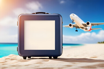 summer vacation travel banner with a holiday theme, featuring a blurred sea beach background. copy space for text and decorations.