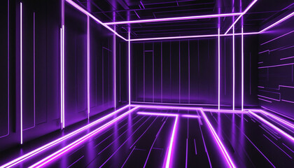 3d render, abstract virtual reality background with neon fluorescent lines glowing in ultraviolet light. Fantastic high tech wallpaper