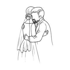 the bride hugs her father at the wedding. hand drawn drawing of father and daughter hugging at wedding