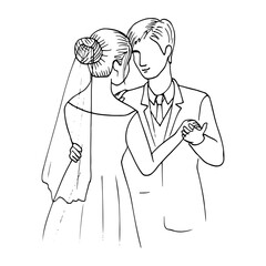 the bride and groom dance the first wedding dance. hand drawn drawing of dancing newlyweds