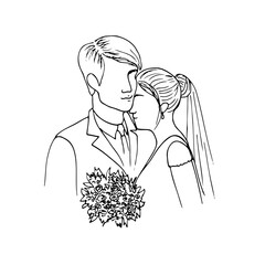 bride and groom stand very close to each other and hold a bouquet of flowers. hand drawn drawing of newlyweds