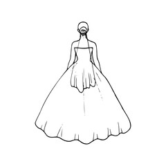 bride walks and the groom carries the hem of her wedding dress. hand-drawn drawing of newlyweds walking, view from the back