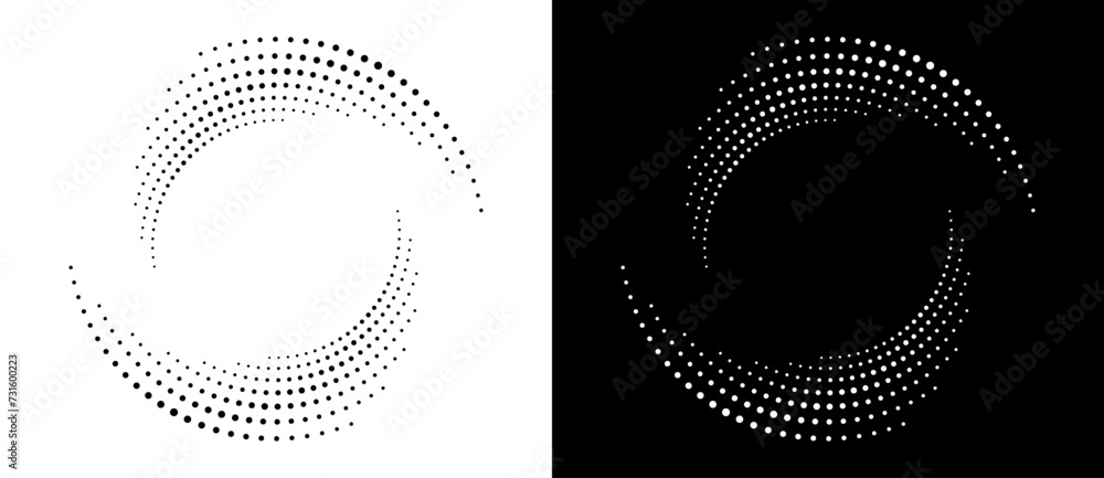 Aufkleber Modern abstract background. Halftone dots in circle form. Spiral logo, icon or design element. Black dots on a white background and white dots on the black side.