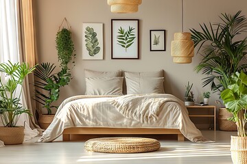 Elegant Modern Bedroom Interior with Nature-Inspired Decor, Neutral Tones, and Lush Green Plants Creating a Serene and Tranquil Atmosphere