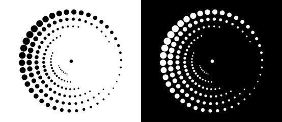 Modern abstract background. Halftone dots in circle form. Spiral logo, icon or design element. Black dots on a white background and white dots on the black side.