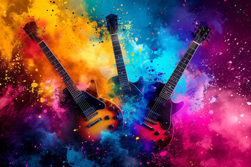 music background with guitar. drums in motion. rock n roll. drums of smoke. Electric guitar with colorful smoke on black background, stylish design. Rock music concept. Black guitar isolated - obrazy, fototapety, plakaty
