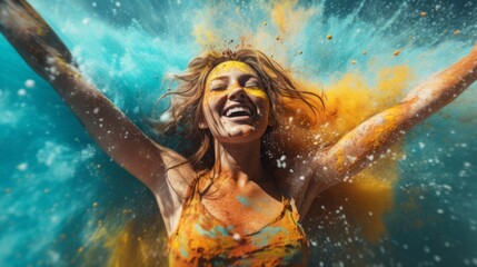 indian young girl showing colourful palm and celebrating holi with colour splash