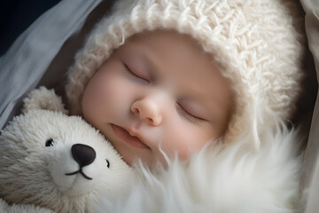 sleeping baby hugging a teddy bear