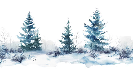 Wintery Forest Landscape with Wintery Forest Landscape with Pine trees  , Snowy Branches, and White Sky . isolated on white . png