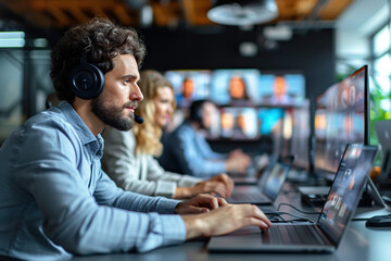 Obraz premium video call meeting company employees on internet connection with computer laptop screen headset microphone colleagues company firm business