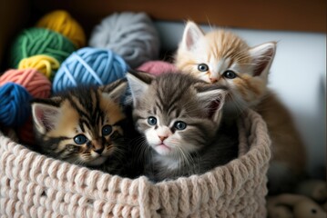 AI generated illustration of fluffy kittens in a knitted basket  with colorful balls of yarn - obrazy, fototapety, plakaty