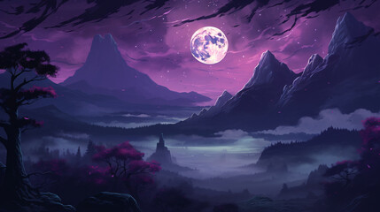 Purple halloween landscape with moon