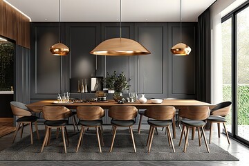 Sophisticated Harmony An Elegant Modern Dining Room with Stylish Wooden Furniture, Copper Pendant Lights, and Lush Green Plants Creating a Warm, Inviting Atmosphere