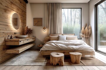 Obraz premium Serene Modern Rustic Bedroom Interior with Elegant Wooden Accents, Cozy Bedding, and Nature-Inspired Decor Illuminated by Soft Natural Light