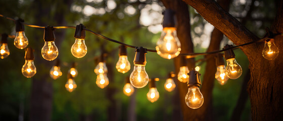 Retro garland with light bulbs hanging on the tree - obrazy, fototapety, plakaty