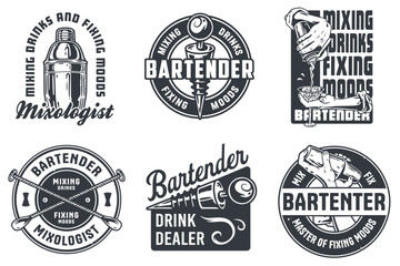 Bartender design with martini and bar spoons, bottle stopper with shaker for bartending school. Vector emblem set of chromed metal equipment or cocktail bar tool for barman or barkeep.