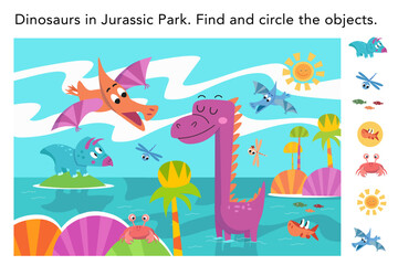 Find hidden objects in picture. Educational puzzle game for kids. Cute flat simple dinosaurs in Jurassic Park. Vector colour illustration. Cartoon scene for design. Prehistoric forest.