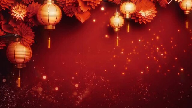 Paper gold lantern with flower background for Chinese New Year decoration with sparkling light