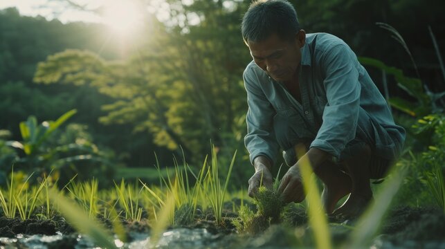  A village farmer planting rice in a paddy field in a natural green countryside with green nature in the background. Created with Generative AI.