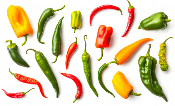 fond rempli de piments de diff&eacute;rentes sortes et diff&eacute;rentes couleurs - fond blanc