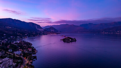 Aerial Photo Italy, Stresa, Lake Maggiore. Province of Verbano-Cusio-Ossola, Italy, Europe. Traveling concept background.